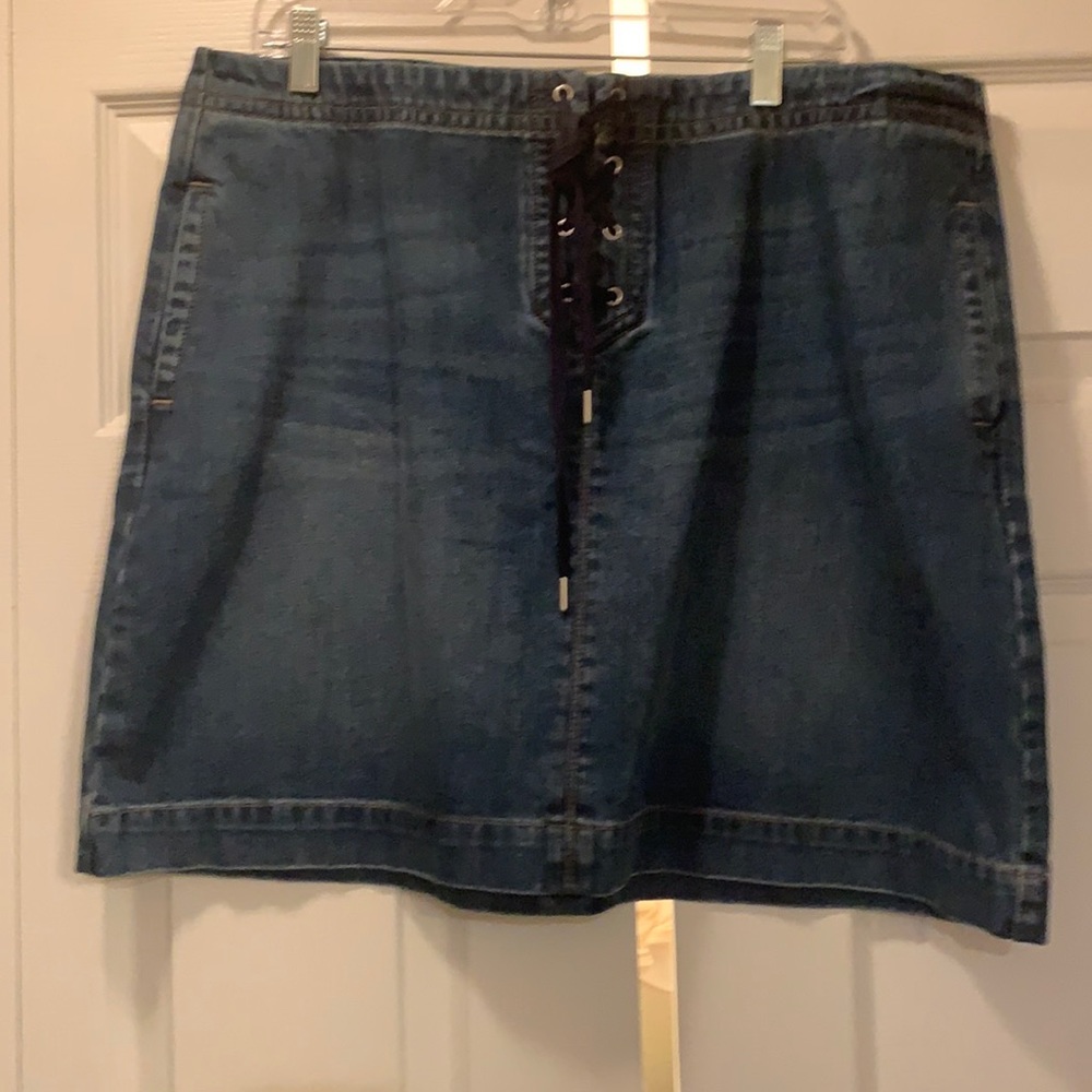 LOFT denim skirt with lace up detail, size 16